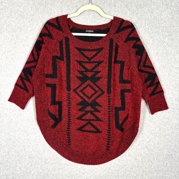 Express Sweater Women XS Red Black Wool Mohair Aztec Southwestern Tribal Slouchy - Picture 1 of 10